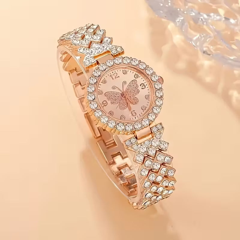 2pcs Elegant Butterfly Quartz Watch & Ladies Jewelry Set - Perfect Gift, Eternal Style and Exquisite Design, Zinc Alloy Strap and Zinc Alloy Case, Quartz Movement, Accurate, Durable, Fashionable Women's Gift, Especially Suitable for Mother's Day, Valentin