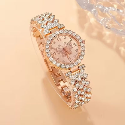 2pcs Elegant Butterfly Quartz Watch & Ladies Jewelry Set - Perfect Gift, Eternal Style and Exquisite Design, Zinc Alloy Strap and Zinc Alloy Case, Quartz Movement, Accurate, Durable, Fashionable Women's Gift, Especially Suitable for Mother's Day, Valentin