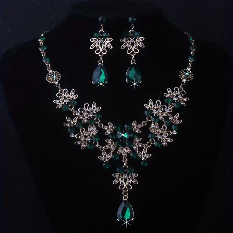 Royal Blue Leaf-Shaped Flower Necklace and Earrings Set for Women, Wedding Chain, Stage Performance Party Hall Necklace