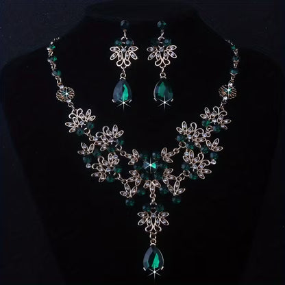 Royal Blue Leaf-Shaped Flower Necklace and Earrings Set for Women, Wedding Chain, Stage Performance Party Hall Necklace