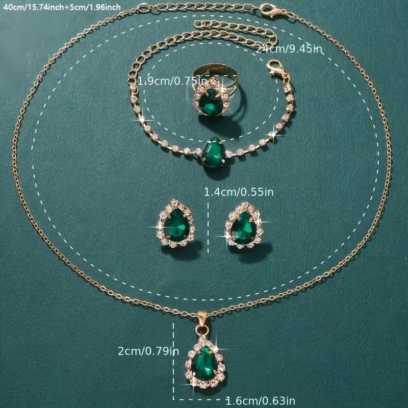 5pcs Elegant Green Rhinestone Jewelry Set for Women - Sparkling Rhinestone Studded Matching Necklace, Earrings, Bracelet & Ring, Year-Round Wear for Daily & Party, Perfect,, Weddings ( Beauty, No