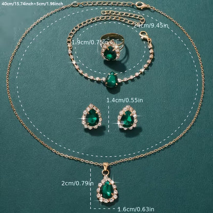 5pcs Elegant Green Rhinestone Jewelry Set for Women - Sparkling Rhinestone Studded Matching Necklace, Earrings, Bracelet & Ring, Year-Round Wear for Daily & Party, Perfect,, Weddings ( Beauty, No