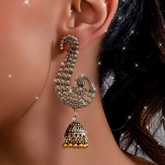 A Pair of Elegant Vintage Indian-Style Peacock Chandelier Earrings for Women, Perfect for Festivals, Birthdays, Dates, Parties, And Vacations