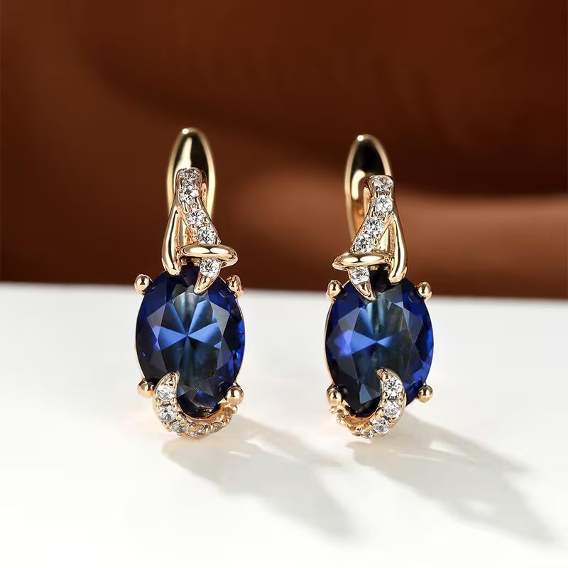 18K Gold Plated Blue Stone Stud Earrings Trendy Women Round Oval Cut White Blue Red Pink Stone Drop Earrings Anniversary Claw Earrings Jewelry