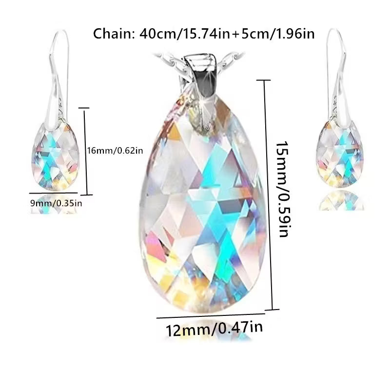 Fashionable New Jewelry Set Featuring Colorful Crystal Drop Earrings And a Pendant Necklace.