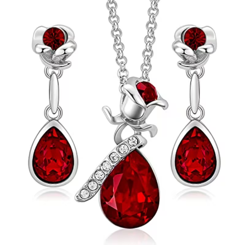 Fashion Rose flower and Droplet Shape Pendant Necklace Earrings Banquet Wedding Anniversary 's jewelry set gift, for Teenager