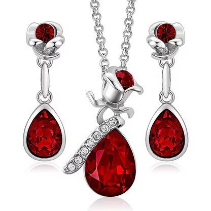 Fashion Rose flower and Droplet Shape Pendant Necklace Earrings Banquet Wedding Anniversary 's jewelry set gift, for Teenager