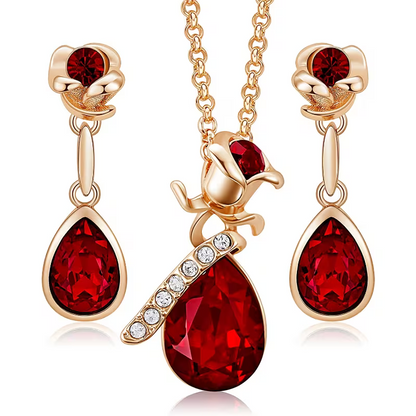 Fashion Rose flower and Droplet Shape Pendant Necklace Earrings Banquet Wedding Anniversary 's jewelry set gift, for Teenager