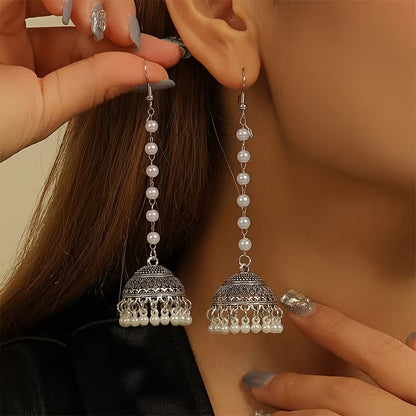 One Pair of Jhumka Elegant Bohemian Long Chain Casual Earrings with Bell Faux Tassel Dangle, Suitable for Women's Daily Wear, Festivals, Weddings, and Parties/Jewelry Gift