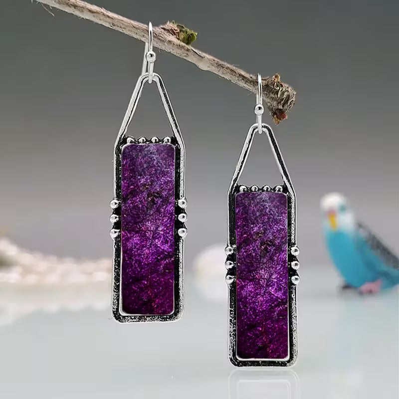 2pcs Retro Bohemian Geometric Dangle Earrings with Purple Galaxy Pattern – Stylish Alloy & Resin Jewelry, Perfect Gift for Birthdays or Anniversaries, Quirky Earrings
