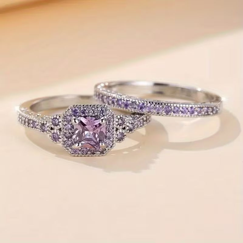 Elegant Silvery-Tone Alloy Ring Set, 2pcs, Synthetic Gemstone Embellished, Luxury Fashion Jewelry for Women, Ideal for Daily Wear & Engagement, Christmas Gift, Versatile for All Seasons