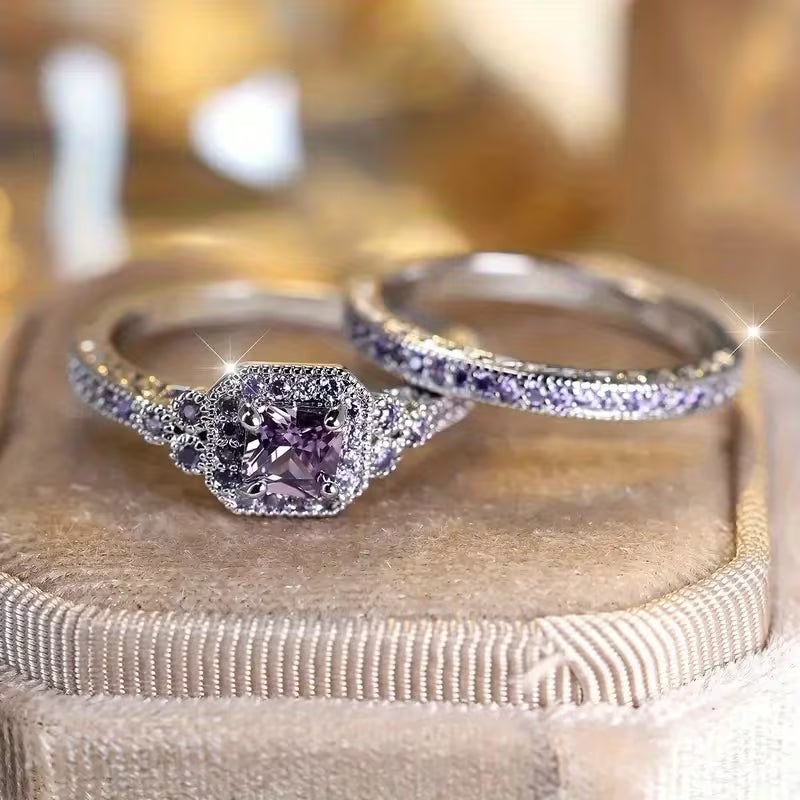 Elegant Silvery-Tone Alloy Ring Set, 2pcs, Synthetic Gemstone Embellished, Luxury Fashion Jewelry for Women, Ideal for Daily Wear & Engagement, Christmas Gift, Versatile for All Seasons