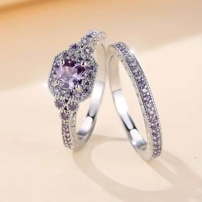 Elegant Silvery-Tone Alloy Ring Set, 2pcs, Synthetic Gemstone Embellished, Luxury Fashion Jewelry for Women, Ideal for Daily Wear & Engagement, Christmas Gift, Versatile for All Seasons