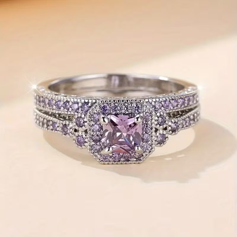 Elegant Silvery-Tone Alloy Ring Set, 2pcs, Synthetic Gemstone Embellished, Luxury Fashion Jewelry for Women, Ideal for Daily Wear & Engagement, Christmas Gift, Versatile for All Seasons