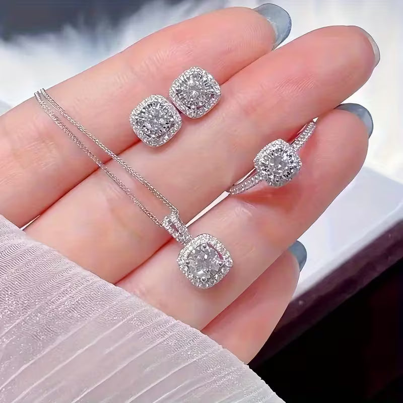 Brilliant Rectangular Zirconia Jewelry Set - Sparkling Earrings, Necklace, And Ring - Timeless Luxury for Women - a Perfectly Exquisite Gift