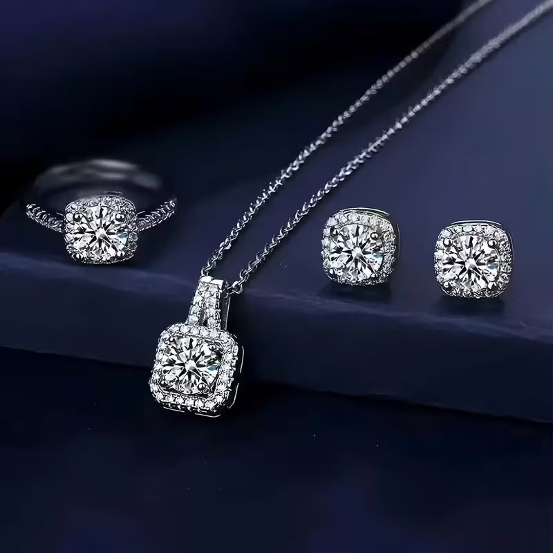 Brilliant Rectangular Zirconia Jewelry Set - Sparkling Earrings, Necklace, And Ring - Timeless Luxury for Women - a Perfectly Exquisite Gift