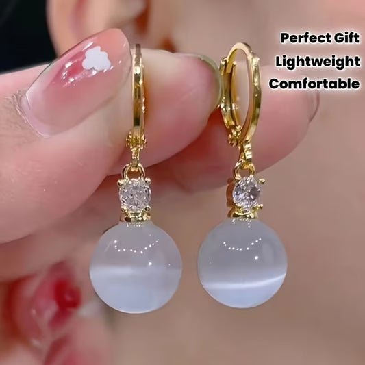 1PAIR Elegant White Faux Cat Eye Stone Earrings for Women | Delicate Design, Lightweight, Comfortable Wear, KC Golden Plated, 925 Silver Ear Needle, Perfect Gift for Style Lovers