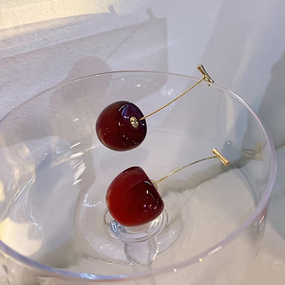 Elegant Burgundy Long Cherry Earrings for Women - Chic Resin & Alloy Fashion Accessory