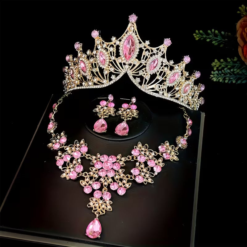 Three-Piece Bridal Crown Set Including a Tiara, Necklace, And Earrings, Perfect for Fairy-Tale Weddings, Photo Shoots, And Parties