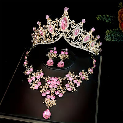 Three-Piece Bridal Crown Set Including a Tiara, Necklace, And Earrings, Perfect for Fairy-Tale Weddings, Photo Shoots, And Parties