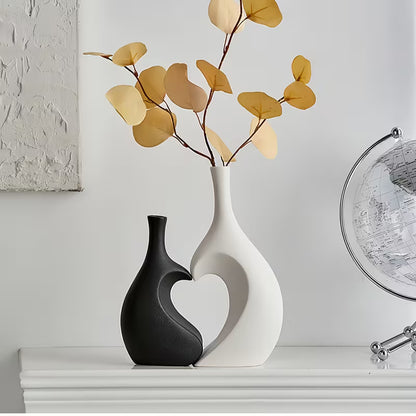 2pcs Modern Bohemian Black & White Bell Vase Set with Heart Decor - Plastic Flower Vases for Home, Wedding, Table Centerpiece - Bell-Shaped Vase & Heart Accent, Easy Assembly with Real/Dry Flowers, Space-Saving Decorative Vase Combo Gift