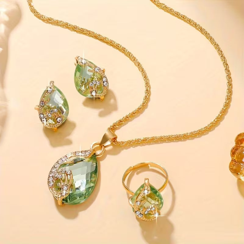 Stylish 4pcs Jewelry Set Featuring Tear Drop Synthetic Zirconia - Includes a Necklace, Earrings, And Rings. Perfect for Casual Vacations, Everyday Wear, And Gifting for Any Occasion Throughout The Year, Including Campus Holidays