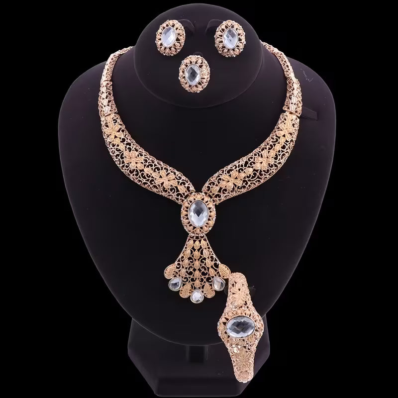 Vintage Golden Filigree Jewelry Set with Synthesis Created-Sapphire Artificial Crystal - Necklace Earrings Bangle Ring for Wedding Party Prom Bridal Jewelry Gift