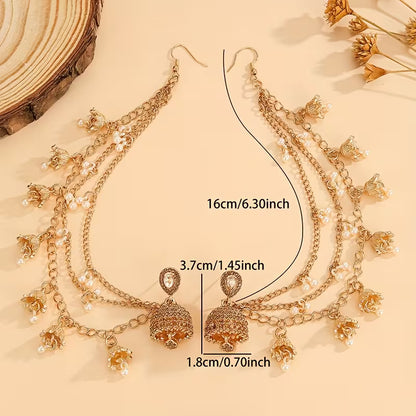 A Stylish Jhumka Set Featuring Detachable Glamorous Rhinestone Earrings with Bell And Faux Pearl Tassels, This Jewelry Ensemble Includes Four Interchangeable Long Chain Indian Additions, Perfect for Women to Wear on a Daily Basis, During Festivals
