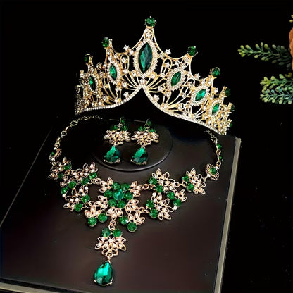 Three-Piece Bridal Crown Set Including a Tiara, Necklace, And Earrings, Perfect for Fairy-Tale Weddings, Photo Shoots, And Parties