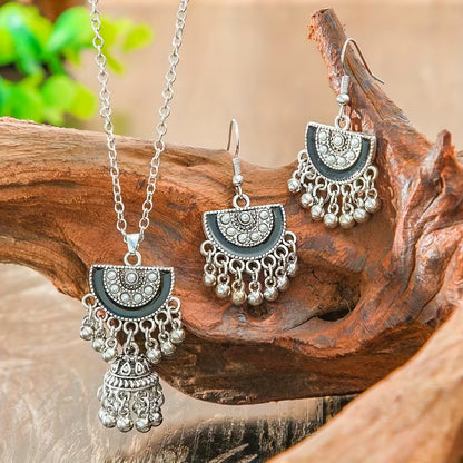 3pcs Bohemian Ethnic Vintage for Women - Zinc Alloy & Glass Bead Bell & Tassel Earrings and Necklace, K Plated Ilvery Peach Bell Charms, Cultural for Parties Weddings Daily Wear, Year-Round Elegant Statement