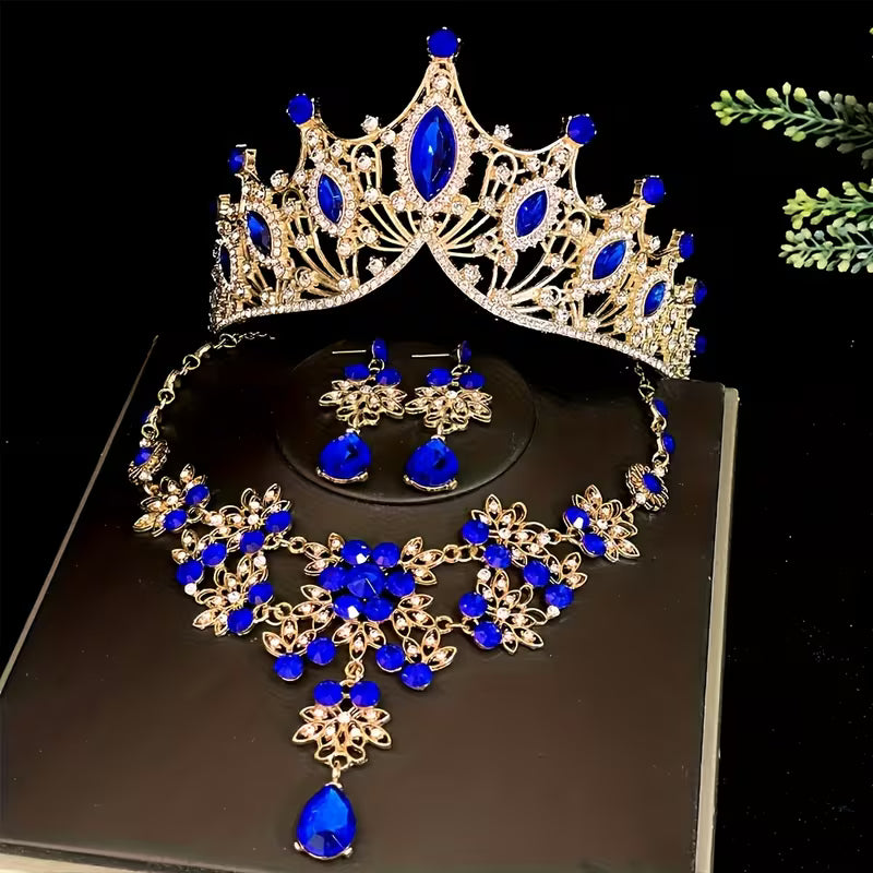 Three-Piece Bridal Crown Set Including a Tiara, Necklace, And Earrings, Perfect for Fairy-Tale Weddings, Photo Shoots, And Parties