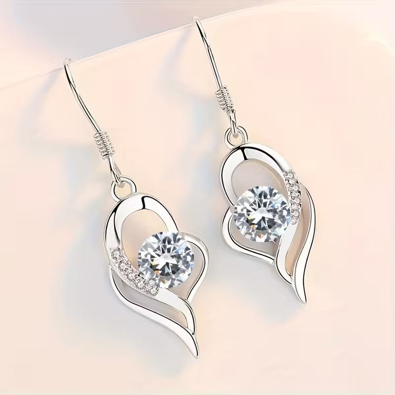 Fashion Silvery Color Love Heart Synthetic Zirconia Hook Earrings Love Temperament Female Angel Wing Drop Dangle Earrings