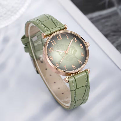 Leaf Digital Dial Women's Watch, Fashionable and Versatile Quartz Wristwatch + Jewelry Four-Piece Set