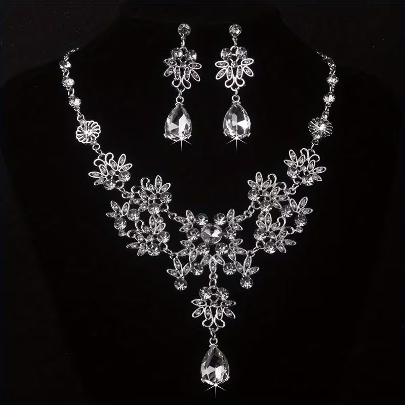 Royal Blue Leaf-Shaped Flower Necklace and Earrings Set for Women, Wedding Chain, Stage Performance Party Hall Necklace