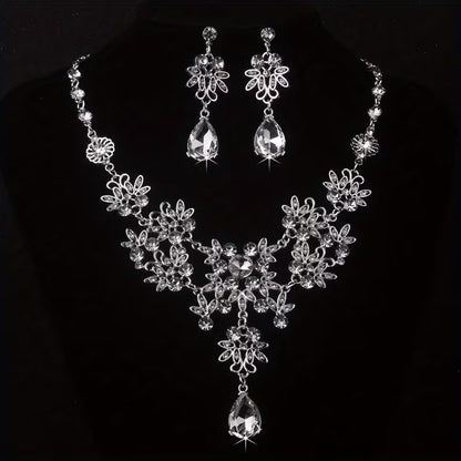 Royal Blue Leaf-Shaped Flower Necklace and Earrings Set for Women, Wedding Chain, Stage Performance Party Hall Necklace