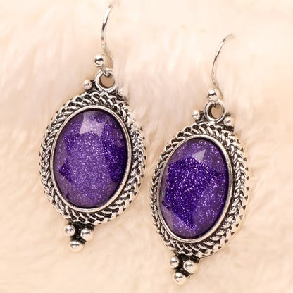 A Pair of Alloy Earrings Inlaid with Purple Oval Resin