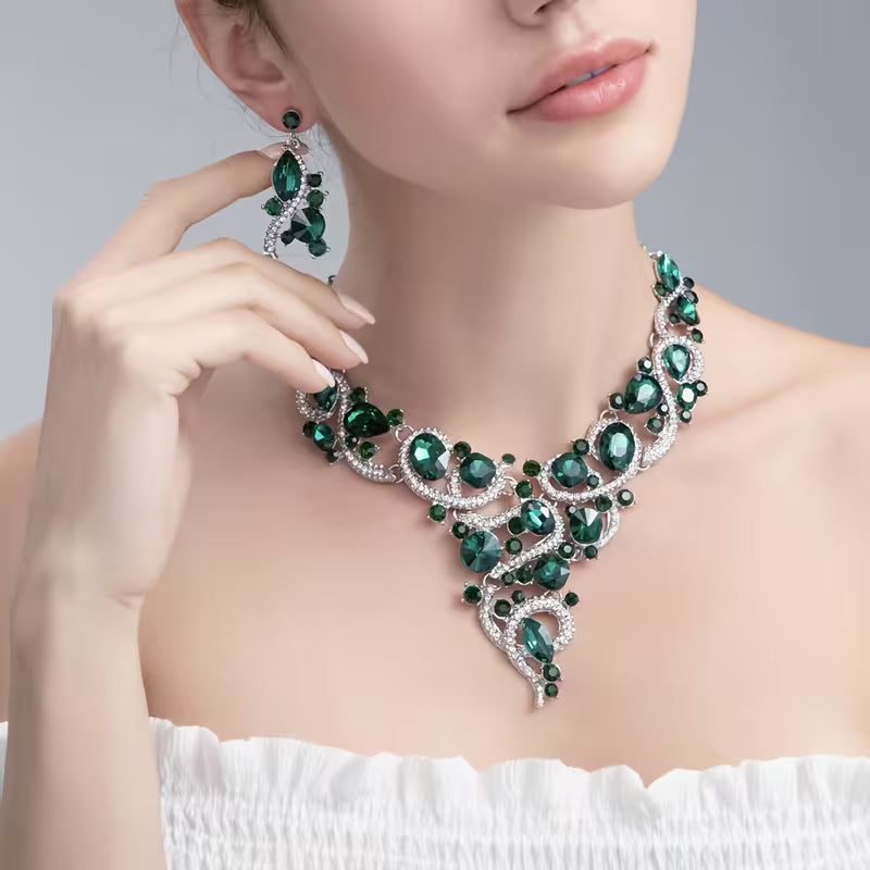3pcs set of green and blue necklace and earrings, stylish and luxurious, suitable for daily gifts and various live ceremonies, party accessories for women.