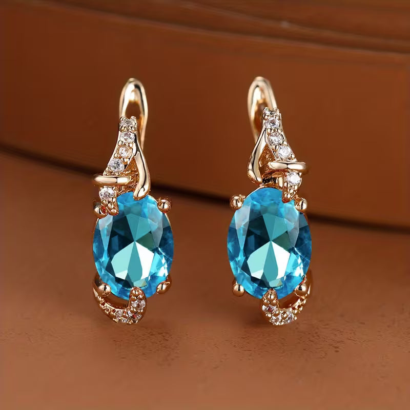 18K Gold Plated Blue Stone Stud Earrings Trendy Women Round Oval Cut White Blue Red Pink Stone Drop Earrings Anniversary Claw Earrings Jewelry