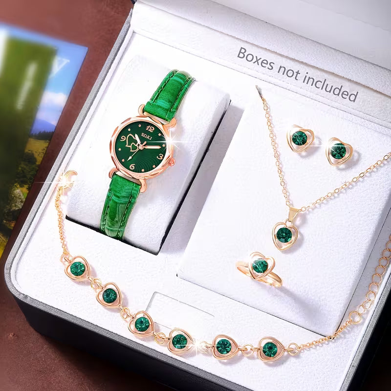 Ladies Watch 6pcs Ladies Fashionable Casual Quartz Watch with Peach Shaped Dial And Heart Necklace Earrings Bracelet Rings Jewelry Set Suitable for Daily Wear, Back-to- Season, Graduation Season, Thanksgiving, Couples, The Best Gifts No Box