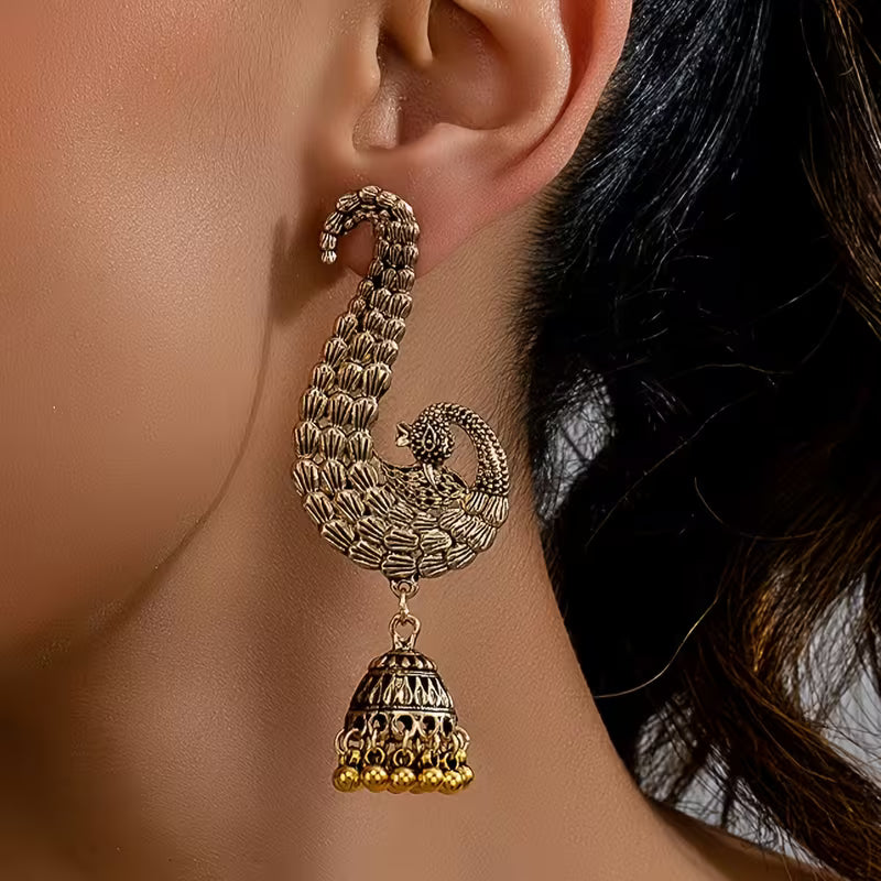 A Pair of Elegant Vintage Indian-Style Peacock Chandelier Earrings for Women, Perfect for Festivals, Birthdays, Dates, Parties, And Vacations