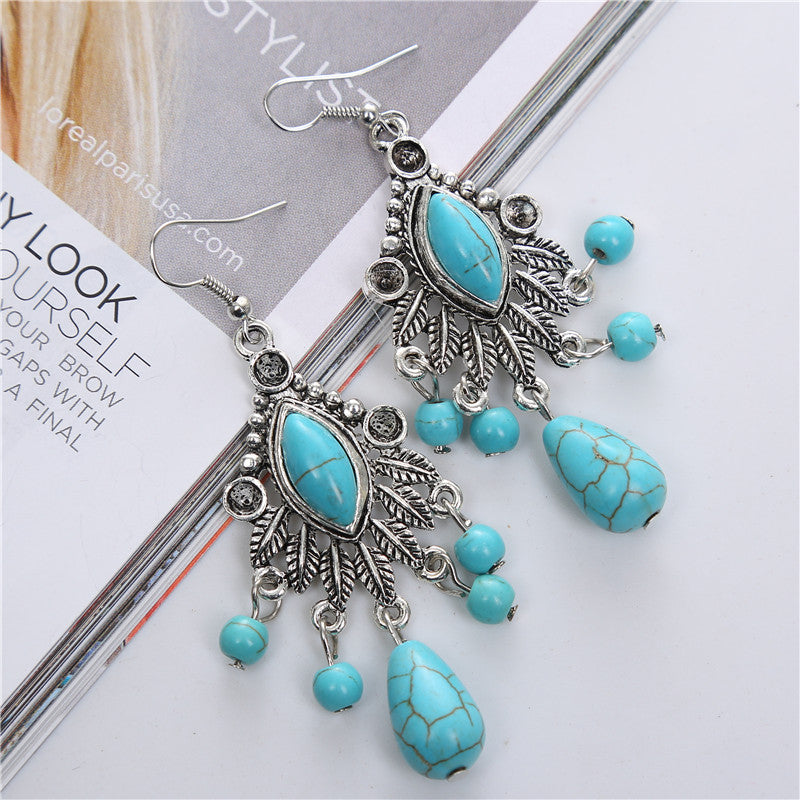 Fashionable Bohemian Vintage Carved Turquoise Teardrop Tassel Earrings