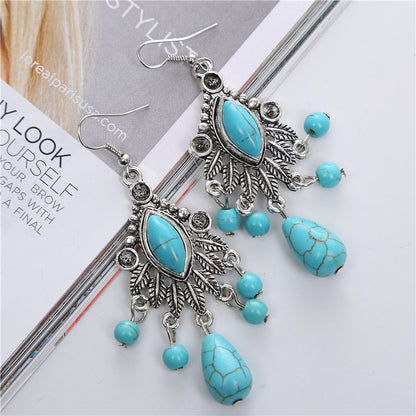 Fashionable Bohemian Vintage Carved Turquoise Teardrop Tassel Earrings