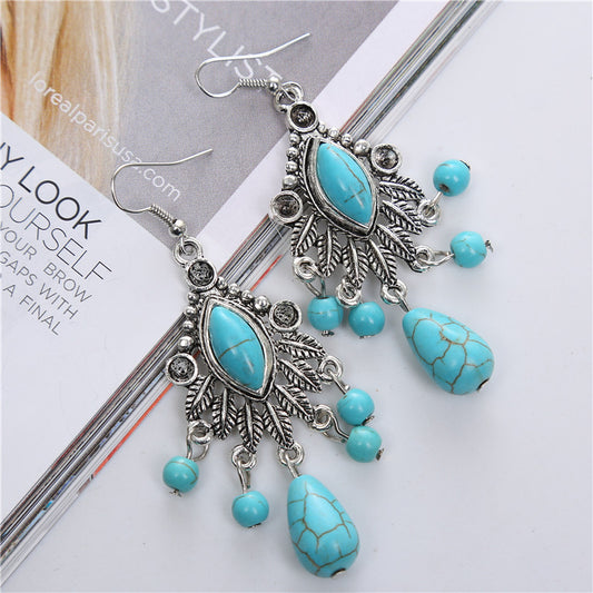 Fashionable Bohemian Vintage Carved Turquoise Teardrop Tassel Earrings