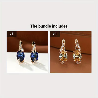 18K Gold Plated Blue Stone Stud Earrings Trendy Women Round Oval Cut White Blue Red Pink Stone Drop Earrings Anniversary Claw Earrings Jewelry