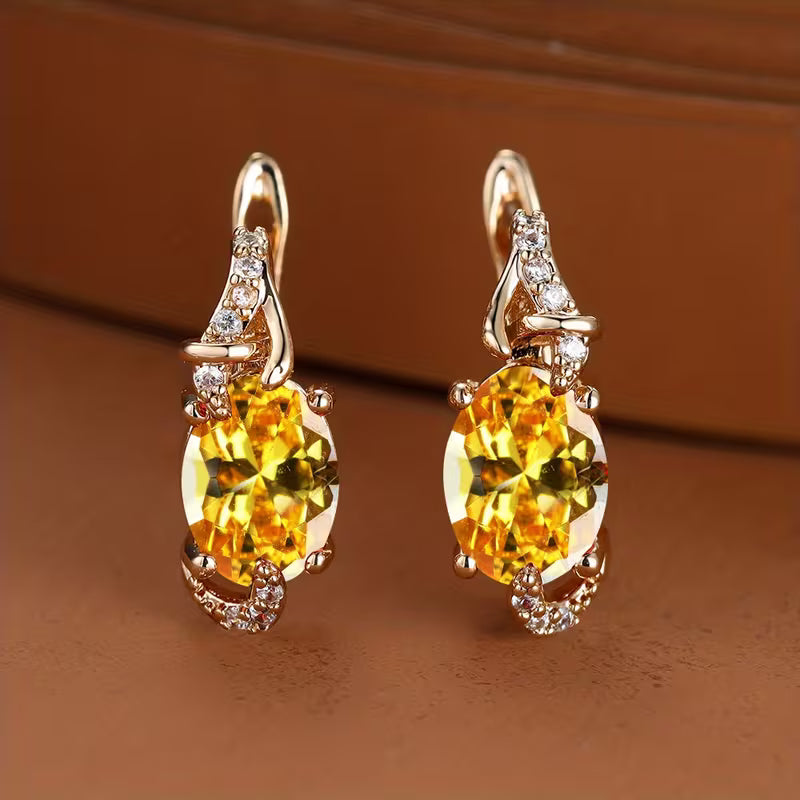 18K Gold Plated Blue Stone Stud Earrings Trendy Women Round Oval Cut White Blue Red Pink Stone Drop Earrings Anniversary Claw Earrings Jewelry