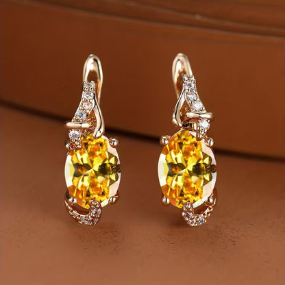 18K Gold Plated Blue Stone Stud Earrings Trendy Women Round Oval Cut White Blue Red Pink Stone Drop Earrings Anniversary Claw Earrings Jewelry