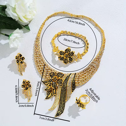5pcs Women's Jewelry Set Elegant Floral & Leaf Multicolor Sparkling Necklace, Earrings, Bracelet & Adjustable Ring for Wedding, Party, Valentine's Gift - Year-Round Wearable for Special Occasions, Complete Matching Set