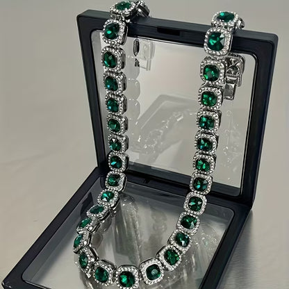 1pc of Men'S Hip-Hop Inspired Green Square Glass Cuban Link Choker Necklace, a Fashionable Accessory for Rappers, Robust And Stylish Statement Jewelry, Perfect Gift for Your Loved One