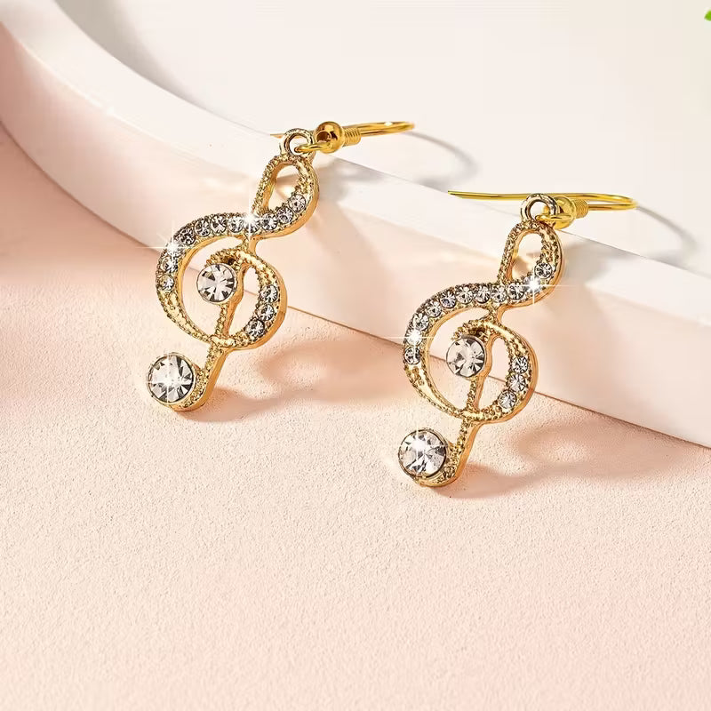 Elegant Music Note Dangle Earrings with Sparkling Rhinestones - Zinc Alloy, Glass Inlay, Perfect for Daily Wear & Parties