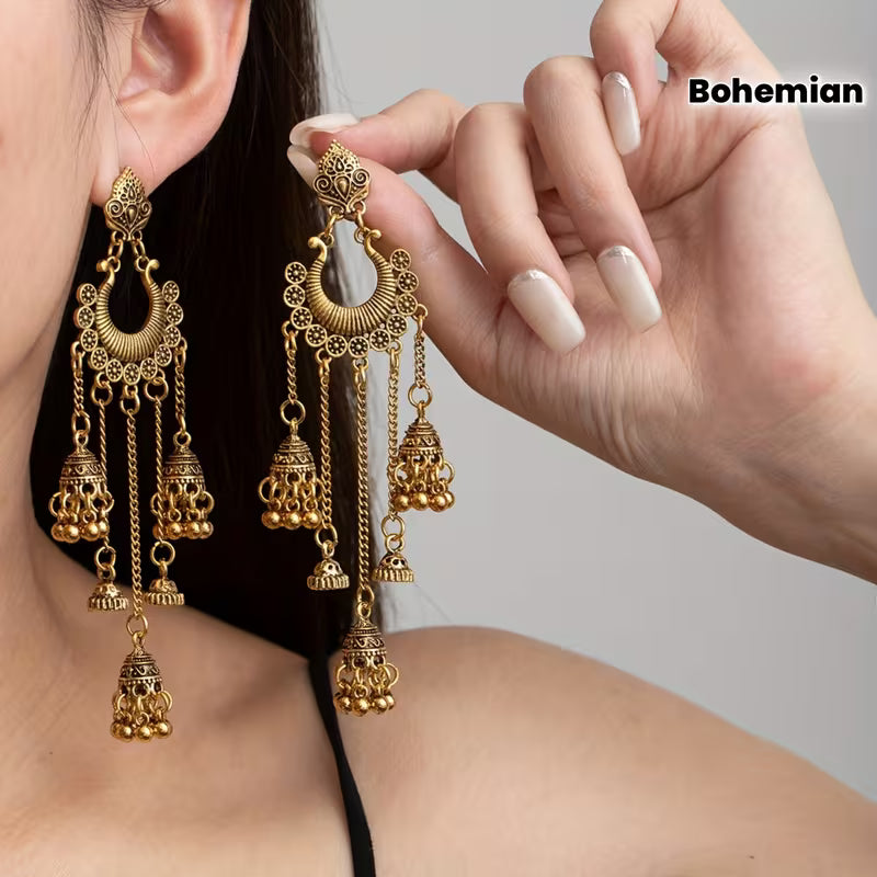 Elegant Retro Bohemian Style Earrings with a Hong Kong Flair, Featuring Long Tassels And Bells That Add a Unique Touch And Complement Any Outfit While Enhancing The Appearance of a Slimmer Face